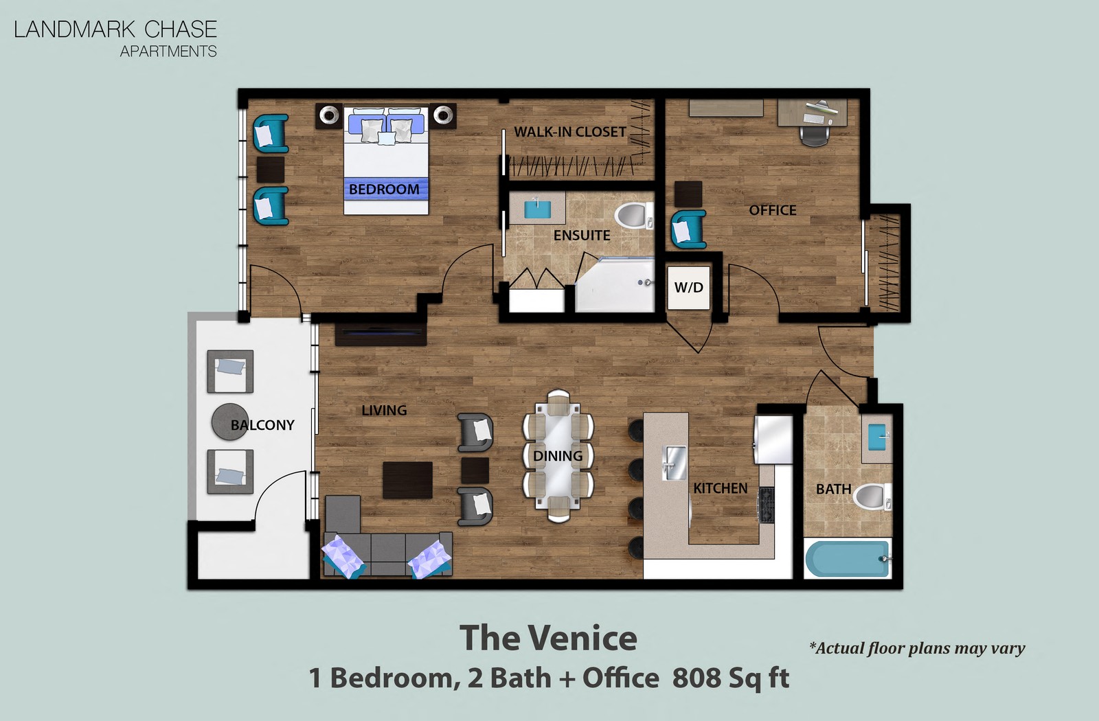 Floor plan for 1 bed, 1 bath, 808 sqft